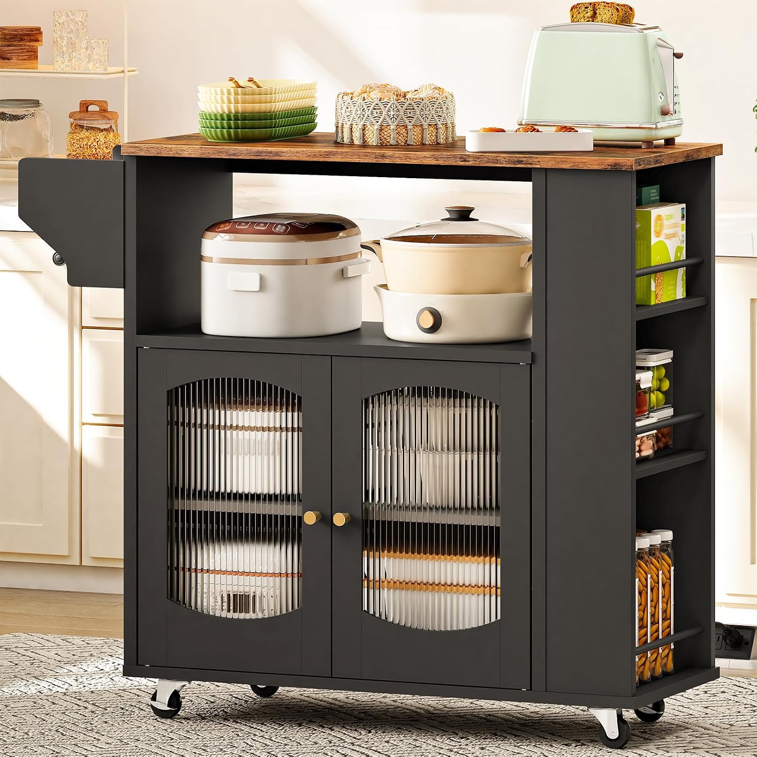 HOOBRO Kitchen Island with Power Outlet, Rolling Kitchen Island with Glass Doors and Open Storage Shelf, Island Table with Spice Rack, Towel Rack for Kitchen, Rustic Brown and Black BF53UZD01