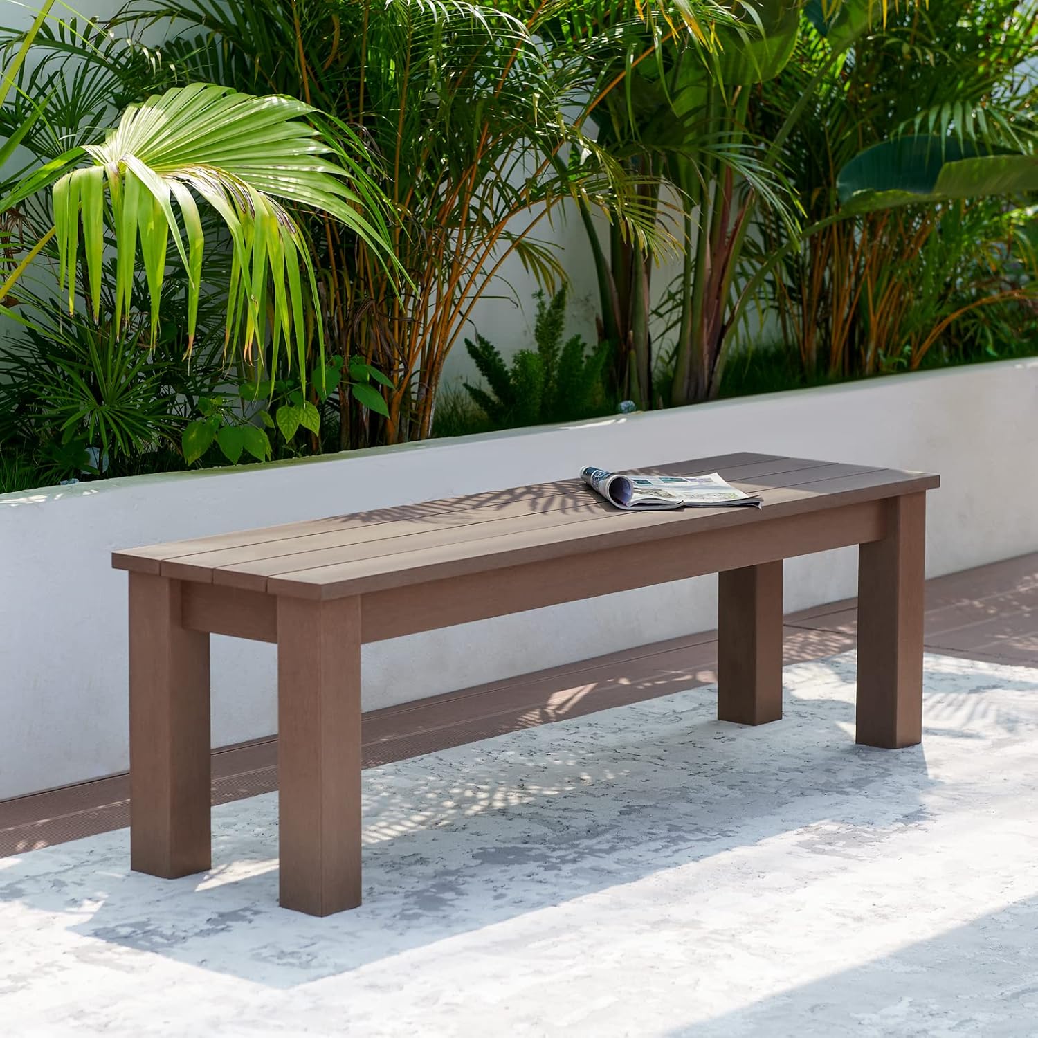 59" Outdoor Backless Bench, 3-Person Poly Lumber Patio Bench, Anti-Rot Anti-Fade Weatherproof HIPS Bench, Low Maintenance, for Garden, Porch, Park & Backyard, Indoor & Outdoor Use，Brown