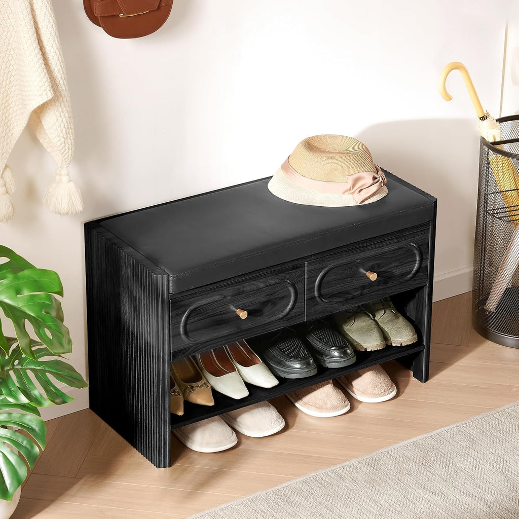 31.5" Shoe Bench, Shoe Storage Bench with Drawers, Waterproof Entryway Benches with Leather Cushion for Bedroom Black