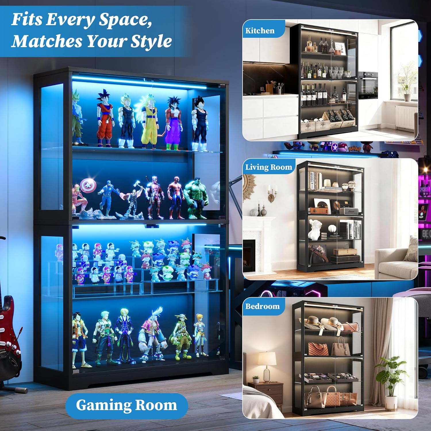 Donox Display Cabinet with 100+Color RGB LED Lights & Adjustable Glass Shelves, 4-Tier Curio Cabinet with Tempered Glass Doors & Motion Sensor for Collectibles, Home, Black