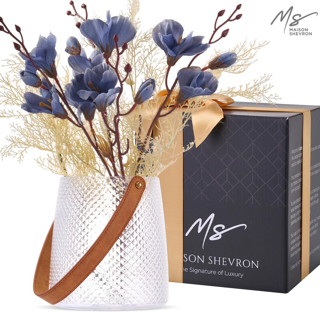 Nordic Handcrafted Crystal Glass Vase with Vegan Leather Handle – Diamond Textured Flower Vase – Modern Decorative Centerpiece for Dining Table, Wedding & Luxury Home Decor