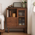 Mid-Century Modern Solid Wood Accent Cabinet 25.6" W x 15.7" D x 31.5" H – Buffet Sideboard with Glass Door & 2 Drawers, Easy Assembly, Walnut/Natural