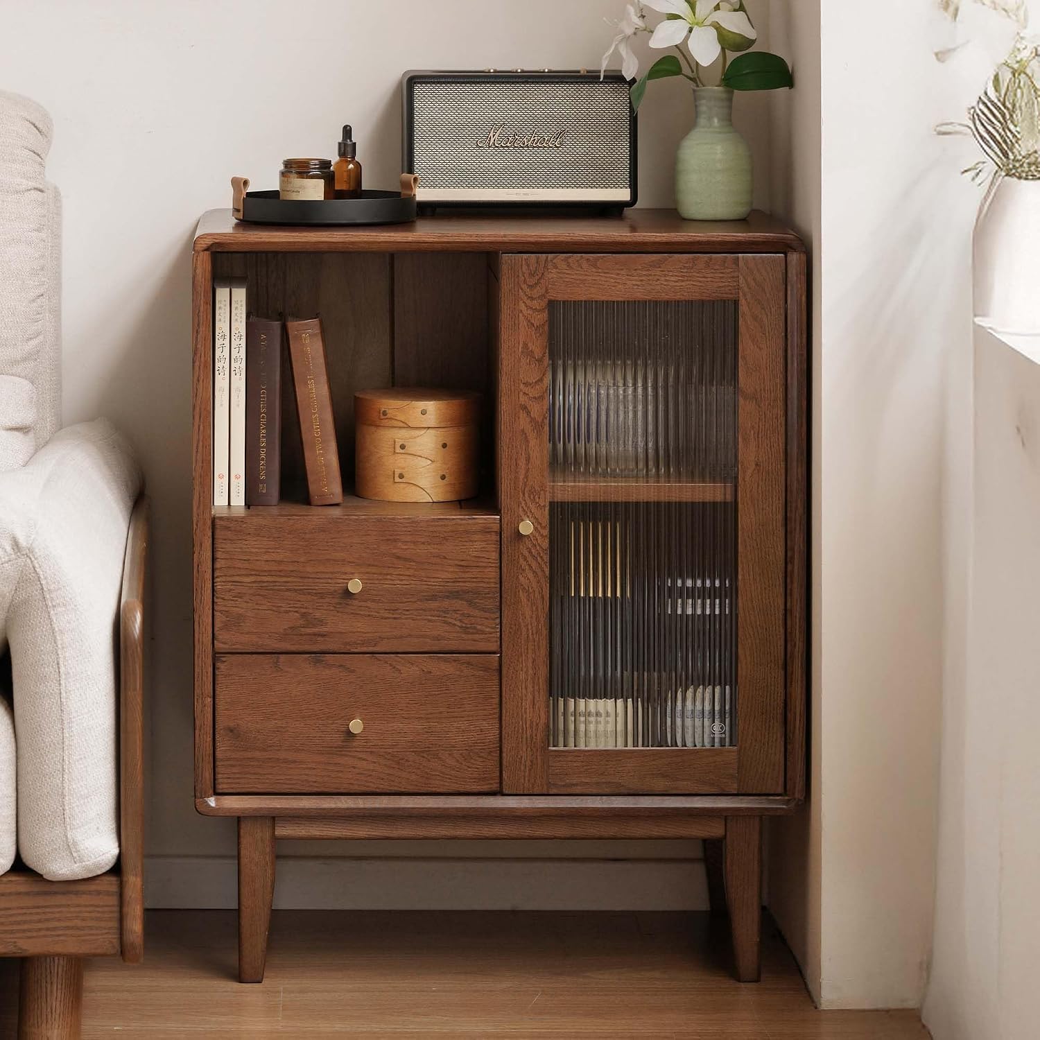 Mid-Century Modern Solid Wood Accent Cabinet 25.6" W x 15.7" D x 31.5" H – Buffet Sideboard with Glass Door & 2 Drawers, Easy Assembly, Walnut/Natural