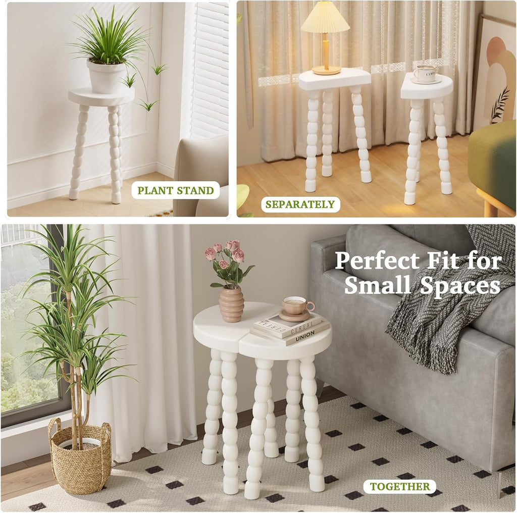 LitaEther 19.5" Wooden Bobbin Leg Side Table - Half Round Table - Wooden Accent Stool- Half Moon Tripod Table for Bedroom, Hallway, Living Room, Sofa Side (White,1pcs)