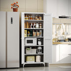 74" H Tall Kitchen Pantry Cabinet with Louvered Doors, Metal Storage Cabinet with 5 Adjustable Shelves, Large Cupboard for Dining Room, Kitchen, Living Room, White, Assembly Required