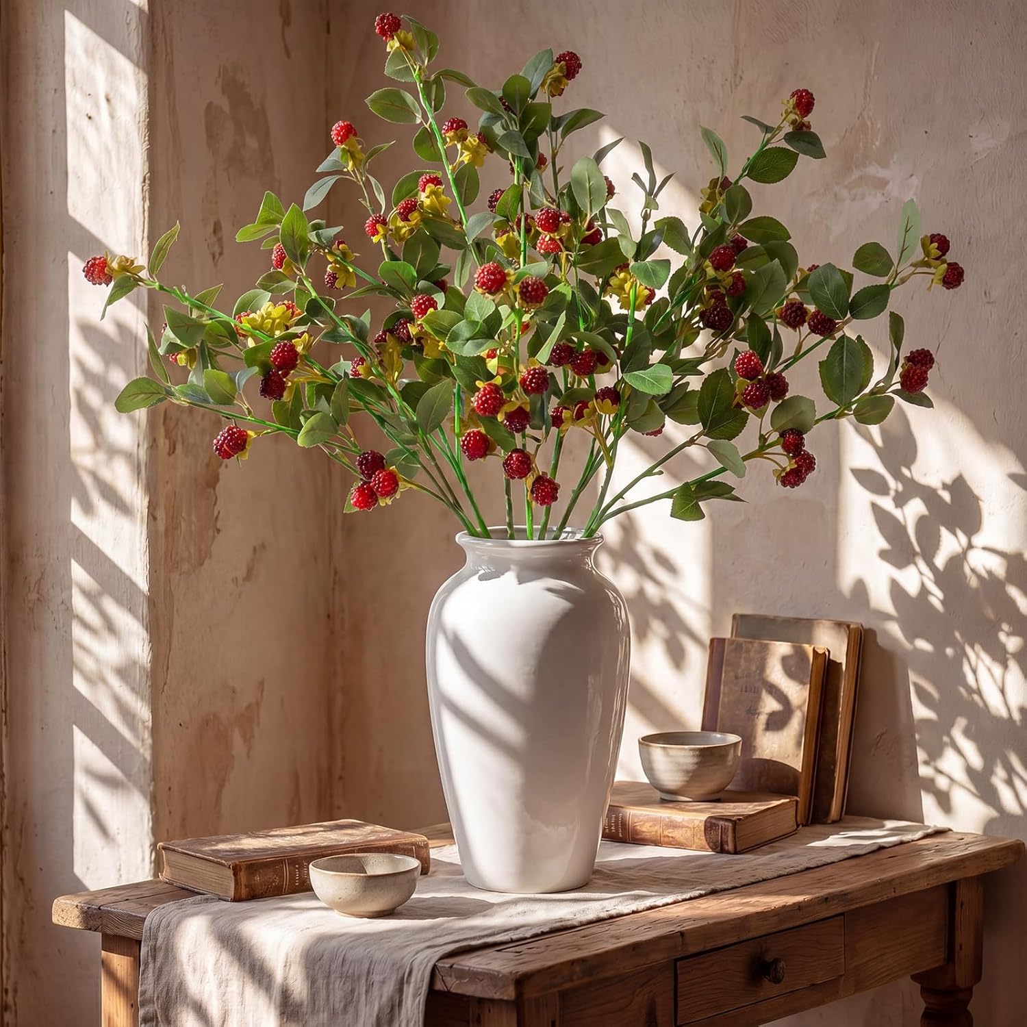 6 Pcs Artificial Red Berry Stems Branches, 26 in Faux Raspberry Stem Realistic Long Stems Flowers Bouquet Spray Picks for Fall Tall Vase Indoor Home Table Wedding Party Decor