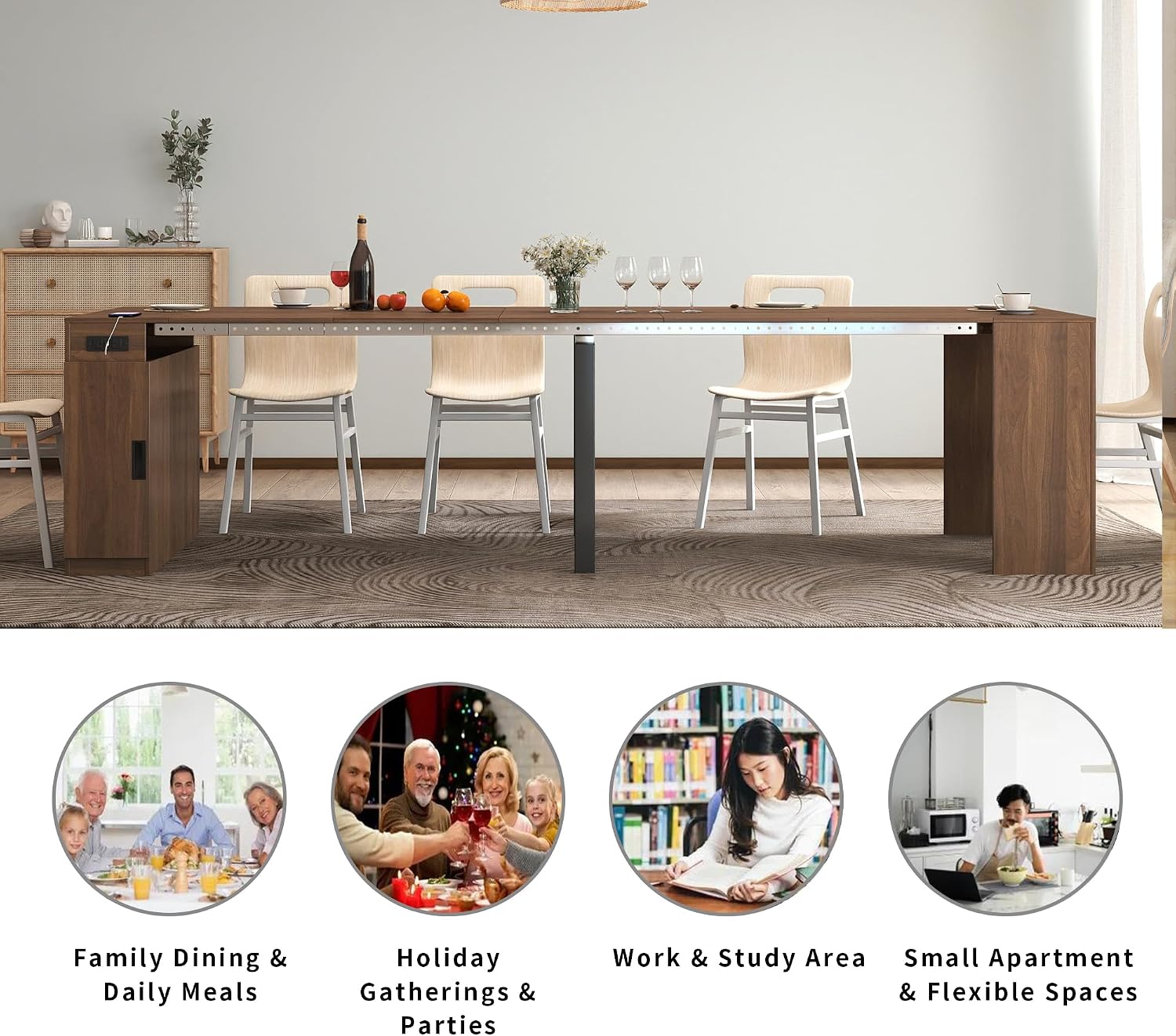 Transforming Table Extender for Dining Table, Pull Out Table, Transformer Console with Storage & Built-in Outlet, Folding Dining Table for 12, Walnut Black