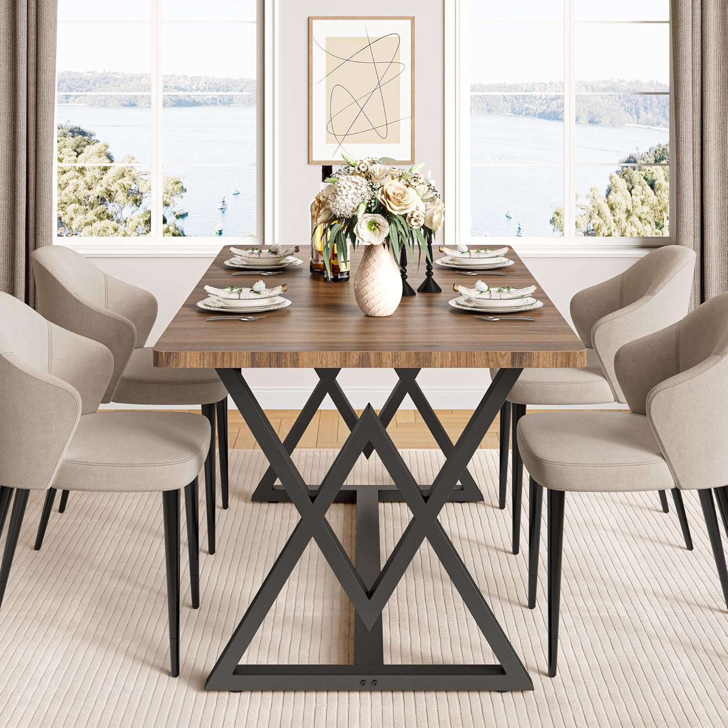 IRONCK 63" Dining Table for 4-6, Modern Rectangular Kitchen Table with Sturdy Metal Frame & Geometric Legs for Dining Room, Easy Clean-Brown