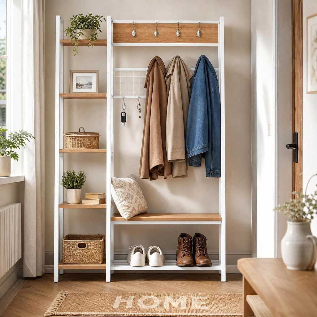 Garvee Coat Rack, Hall Tree with Shoe Bench for Entryway, Entryway Bench with Coat Rack, 4-in-1, with 8 Removable Hooks, Industrial Entryway Furniture
