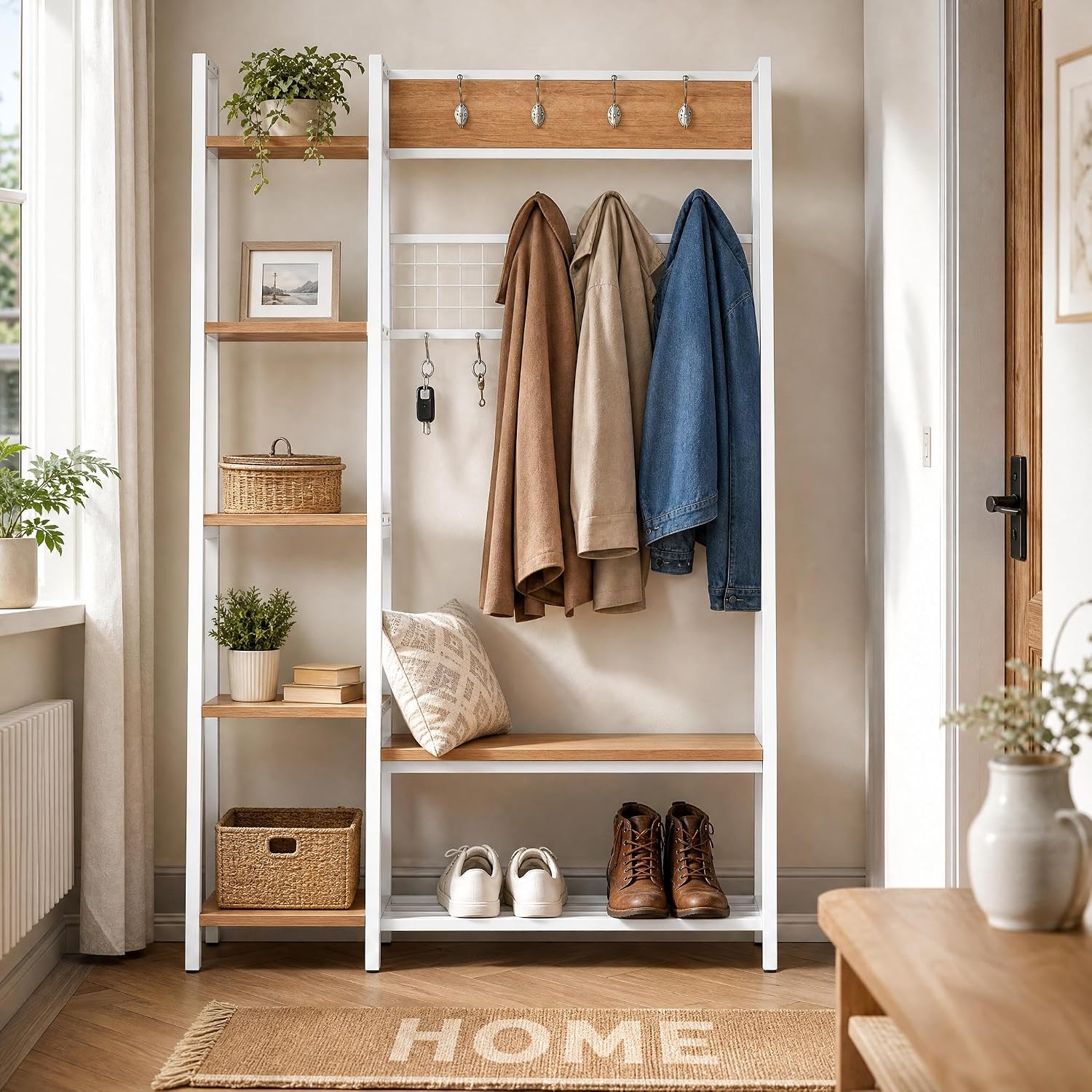 Garvee Coat Rack, Hall Tree with Shoe Bench for Entryway, Entryway Bench with Coat Rack, 4-in-1, with 8 Removable Hooks, Industrial Entryway Furniture