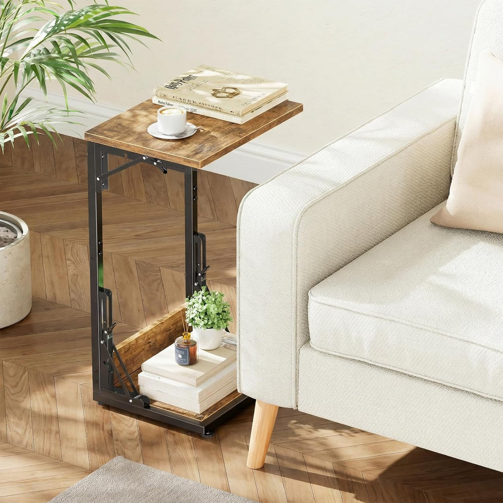 Simple Trending Folding Side Table, C Shaped End Table, TV Tray Couch Table for Living Bedroom, Rustic Brown