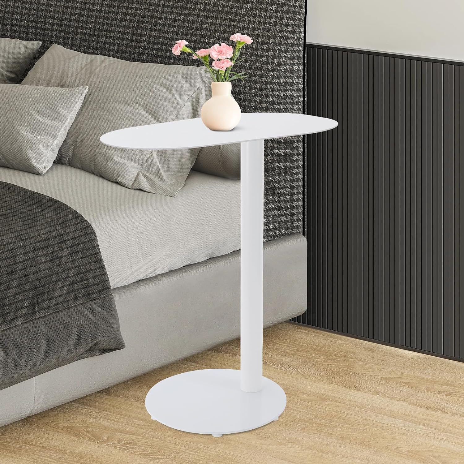 C-Shaped End Table, Metal Small Side Table for Couch, 25" Tall C Shaped Sofa Table Coffee Tray Table for Living Room, Bedroom (White)
