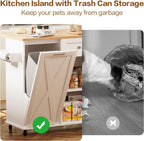52" Rolling Kitchen Island with Drop Leaf & Trash Can Storage, Kitchen Island Cart with Spice Rack & Towel Rack, Mobile Island Table for Kitchen