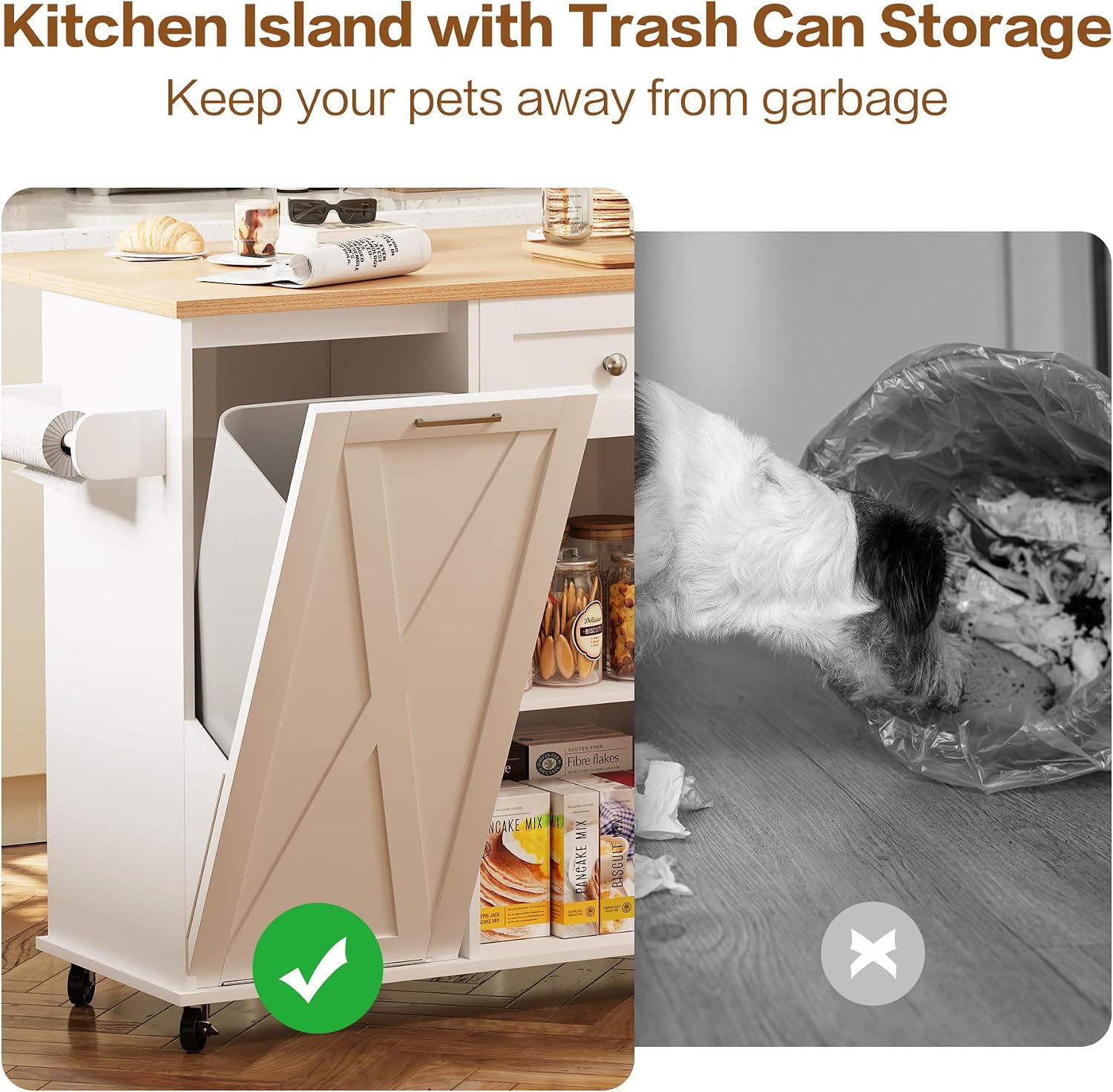 52" Rolling Kitchen Island with Drop Leaf & Trash Can Storage, Kitchen Island Cart with Spice Rack & Towel Rack, Mobile Island Table for Kitchen