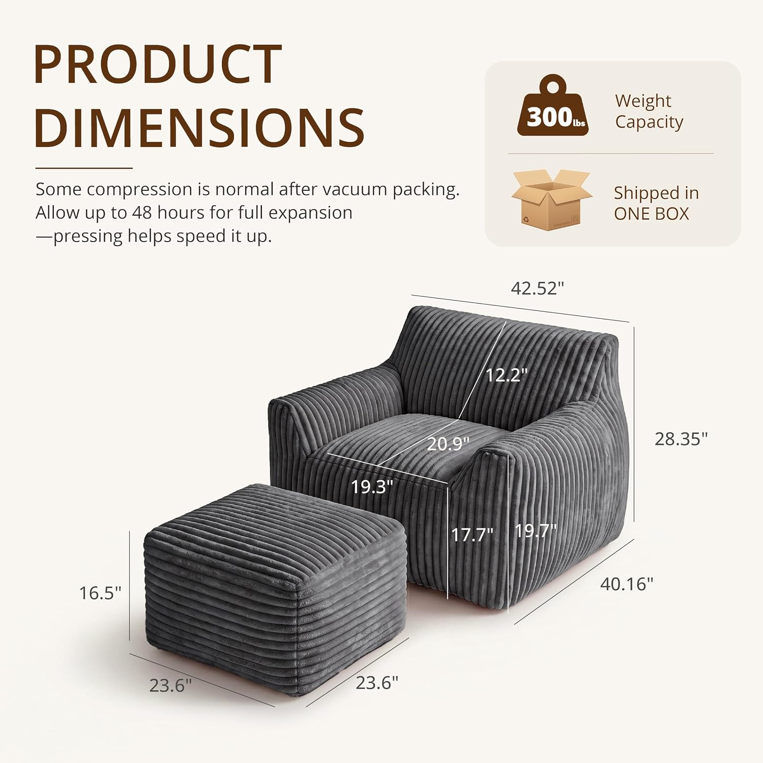 Giant Bean Bag Chair for Adults, Large Bean Bag with Ottoman | Cloud Comfy Bean Bag with Backrest & Armrests, Stuffed Beanbag Chair for Reading, Gaming, Napping, Gray