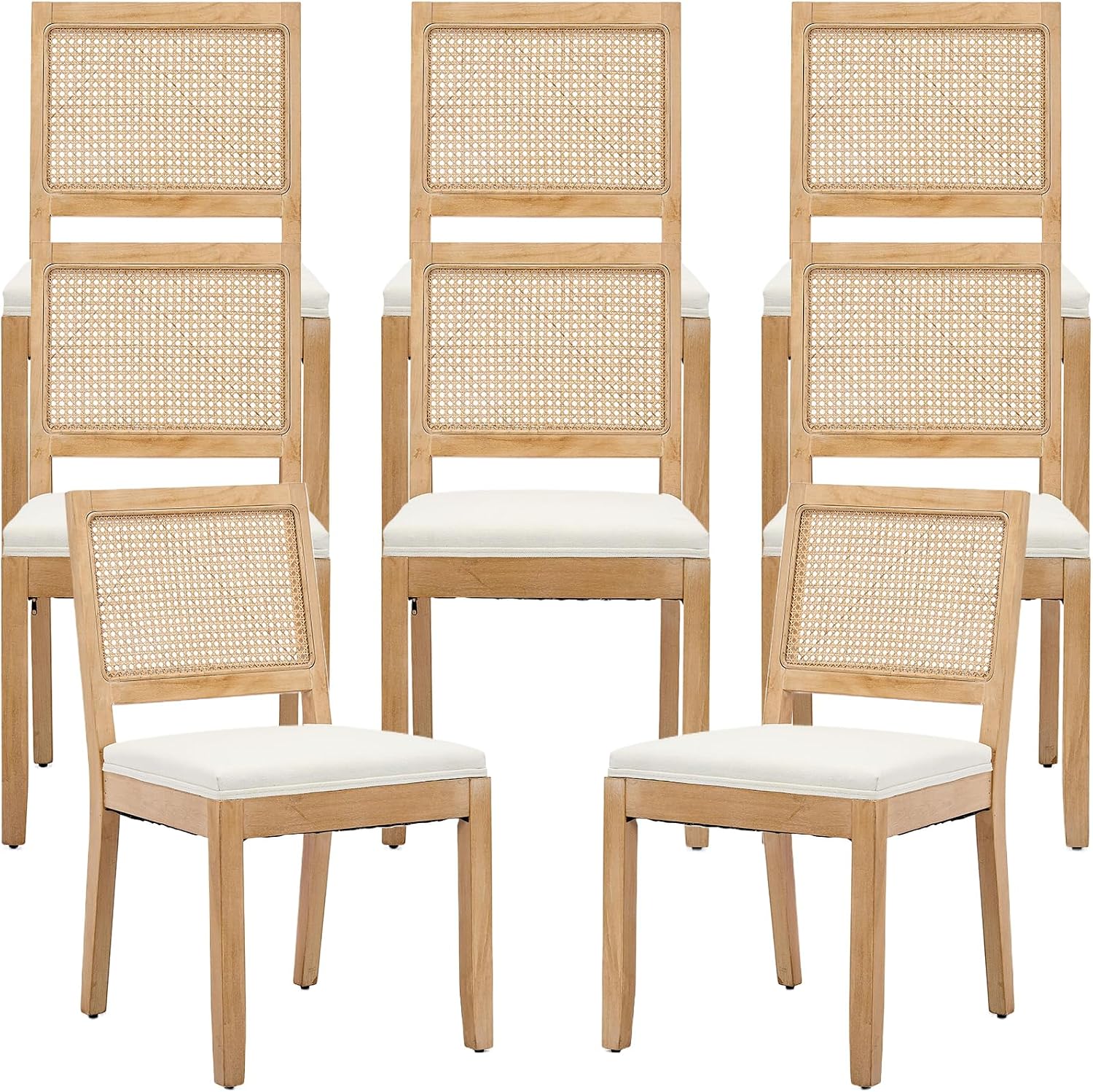 French Country Dining Chairs Set of 8, Beige Modern Kitchen & Dining Room Chairs, Rattan Dining Chair with Linen Upholstered Cushion, Low Cane Back, Wood Legs, Sillas de Comedor (Beige, 8 Pcs)