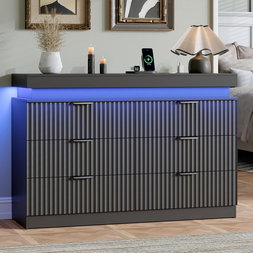 Dresser for Bedroom with RGB LED Lights and Charging Station, 6 Drawers Wooden Chest of Drawers, 47.2" Wide Fluted TV Stand, Closet Clothes Storage Organizer for Living Room, Hallway, Black