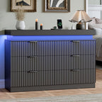 Dresser for Bedroom with RGB LED Lights and Charging Station, 6 Drawers Wooden Chest of Drawers, 47.2" Wide Fluted TV Stand, Closet Clothes Storage Organizer for Living Room, Hallway, Black