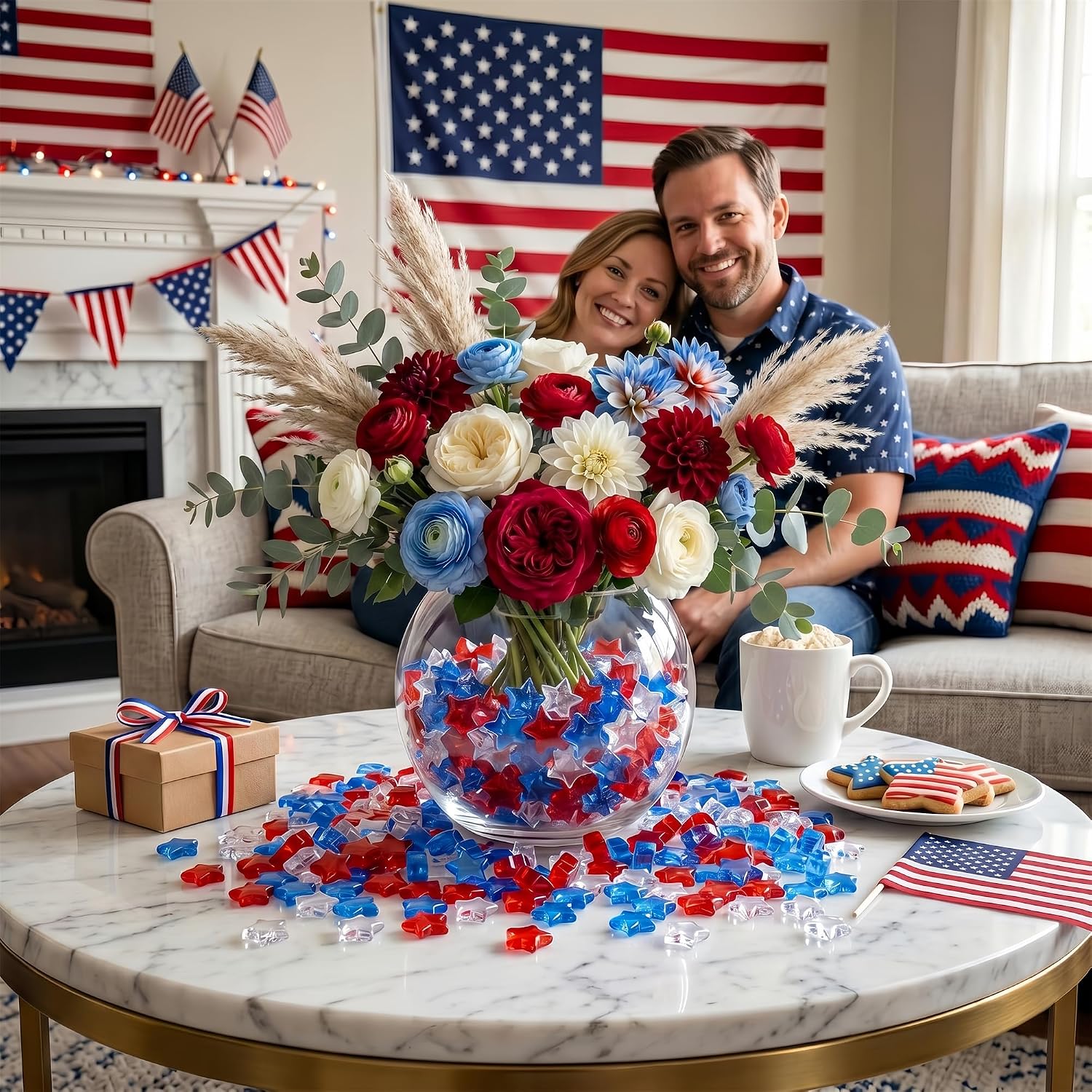 YATOJUZI 500 PCS Acrylic Star Vase Filler, 4th of July Table Decorations | Patriotic Memorial Day Party Decor, Fourth of July Red White and Blue Plastic Stars Gems for DIY Crafts