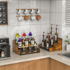 2 Pack 3 Step Countertop Liquor Bottle Display Shelf, Wood Bar Shelves 12 Bottles with Fences, Freestanding Storage Shelves for Liquor Whiskey Wine Coffee Syrup Display, Retro Wine Rack Home