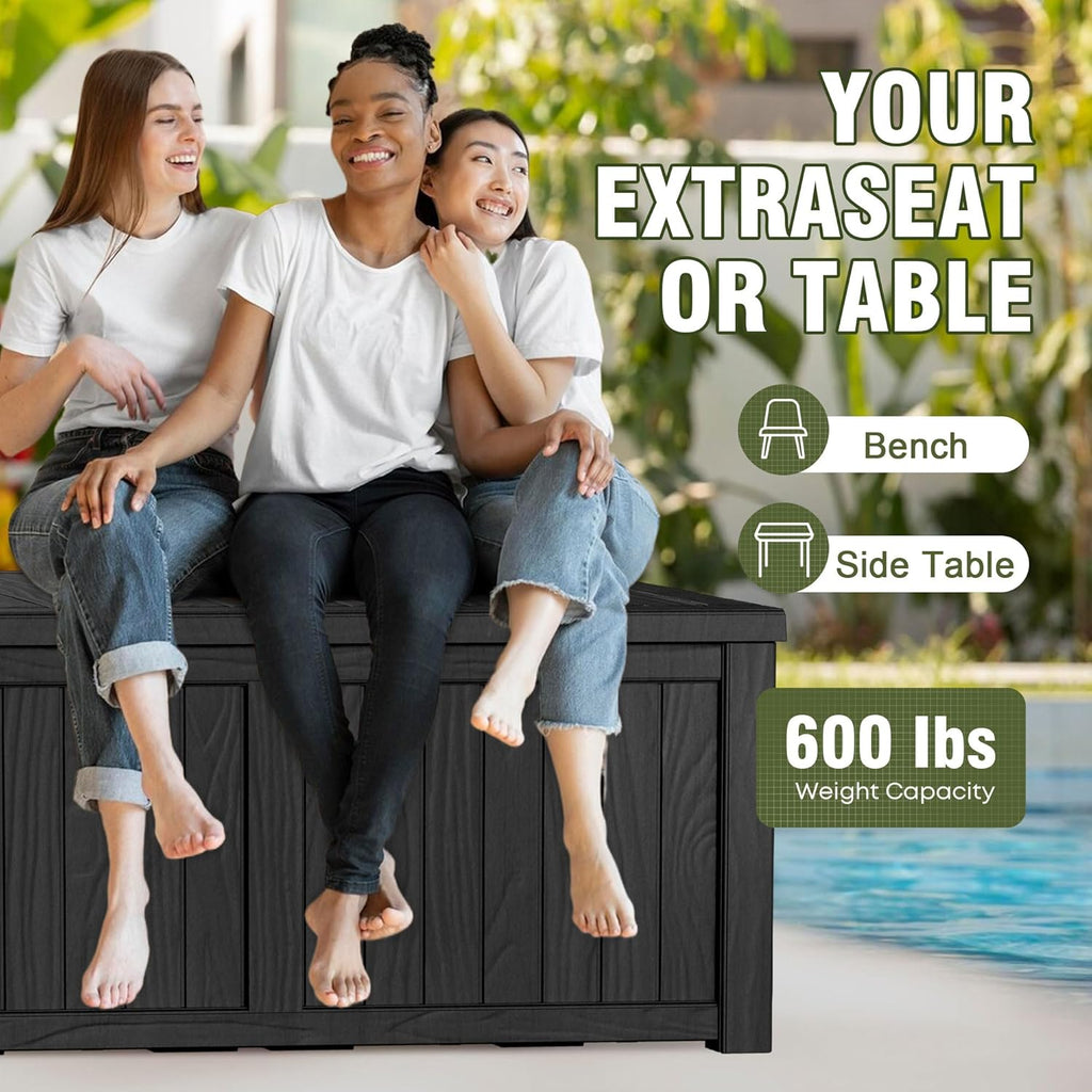 150 Gallon Deck Box Organizer, Doubles as 2-Person Bench Seat, Black Large Resin Outdoor Storage and Seating with Lockable Lid for Garden, Pool, and Patio