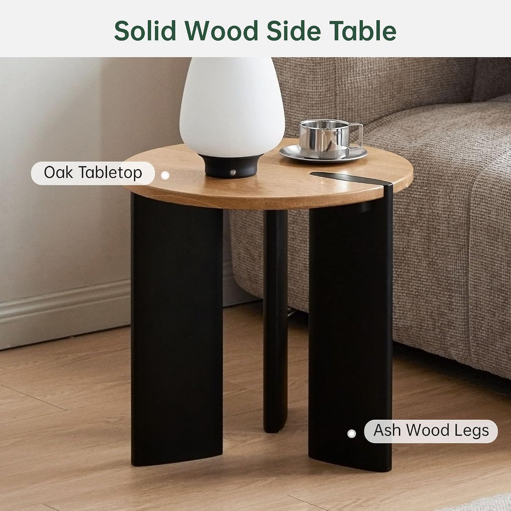Solid Wood Side Table with 2-Tone Finish, 18.11" Round Side Table for Living Room Balcony, Nature Wooden Bedside Table for Bedroom, 100% Solid Wood Furniture, Solid Oak Natural Top Vintage Black Leg