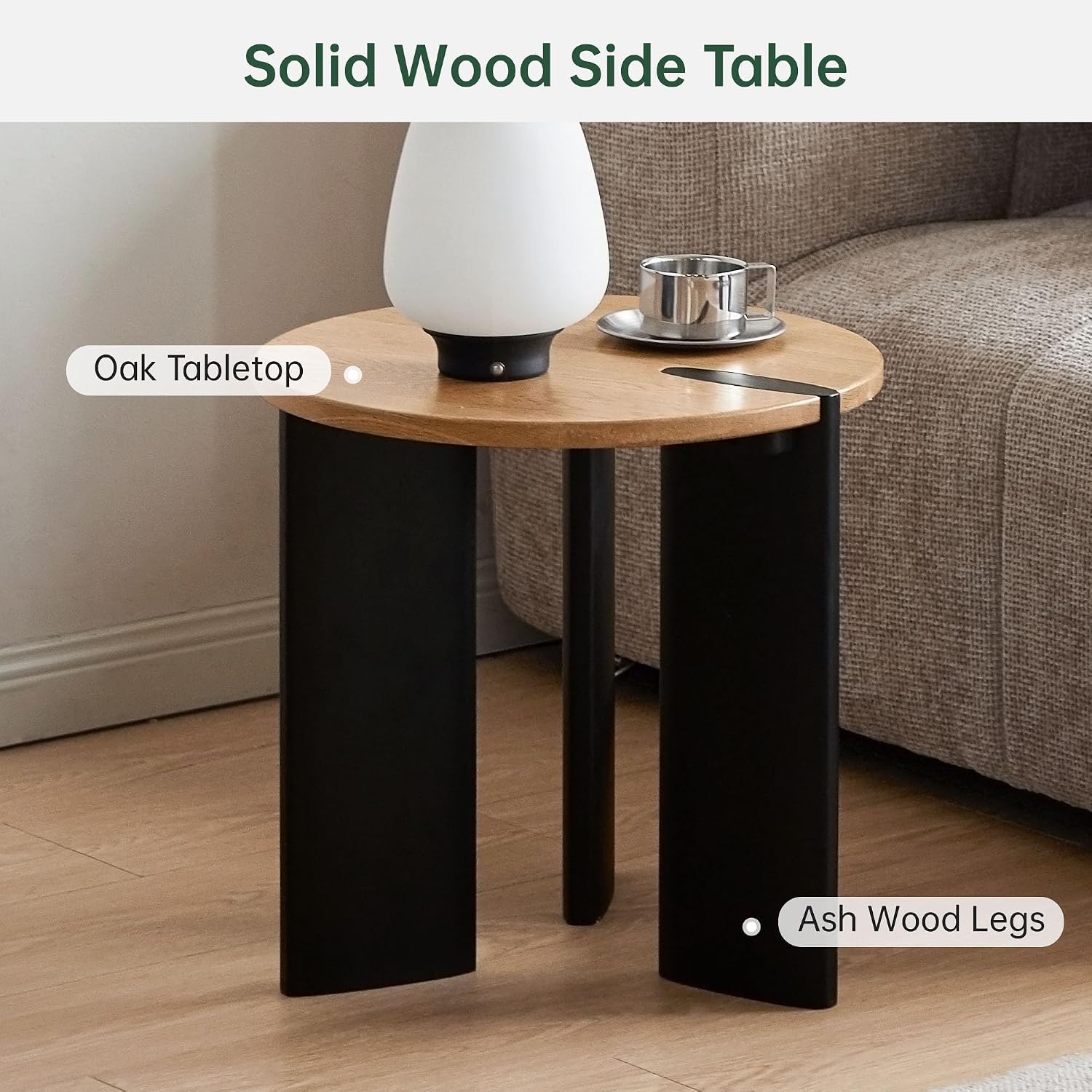 Solid Wood Side Table with 2-Tone Finish, 18.11" Round Side Table for Living Room Balcony, Nature Wooden Bedside Table for Bedroom, 100% Solid Wood Furniture, Solid Oak Natural Top Vintage Black Leg