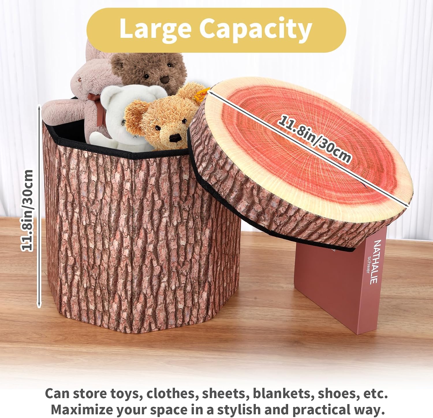 Round Storage Ottoman Cube, Tree Stump Stool, Forest Decor, Multifunctional Toy Storage Box, Cute Foldable Ottoman Stool, Tree Stump Footstool Ottoman, 11inch