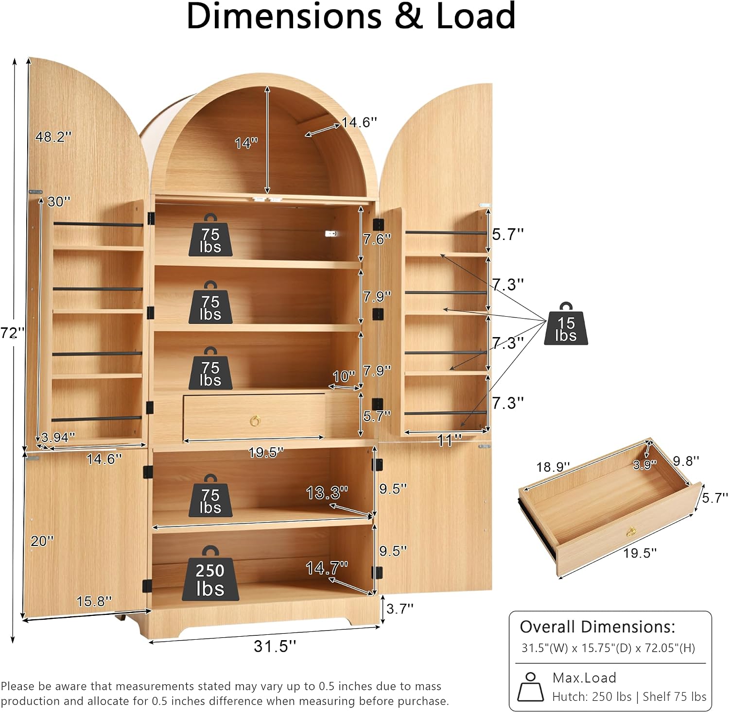 Tall Arched Kitchen Pantry Cabinet, Modern Fluted Wood Storage Cabinet with 8 Door Shelves, Adjustable Shelves and Hidden Drawer, Versatile Cupboard for Kitchen, Bathroom (Natural)