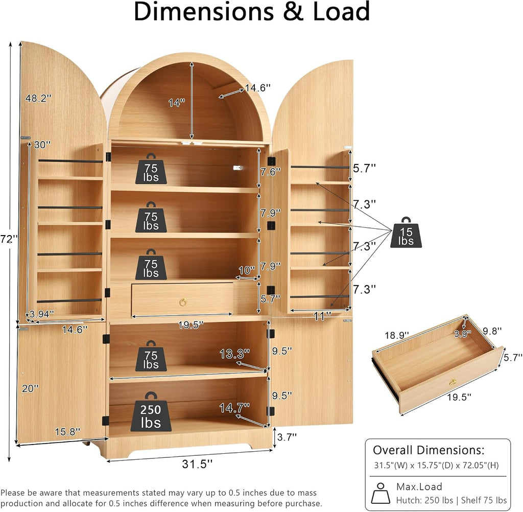 Polibi Arched Fluted Pantry Cabinet, 72" Tall Kitchen Storage with 8 Door Shelves, 3 Adjustable Shelves & Hidden Drawer, for Kitchen, Dining Room, Natural
