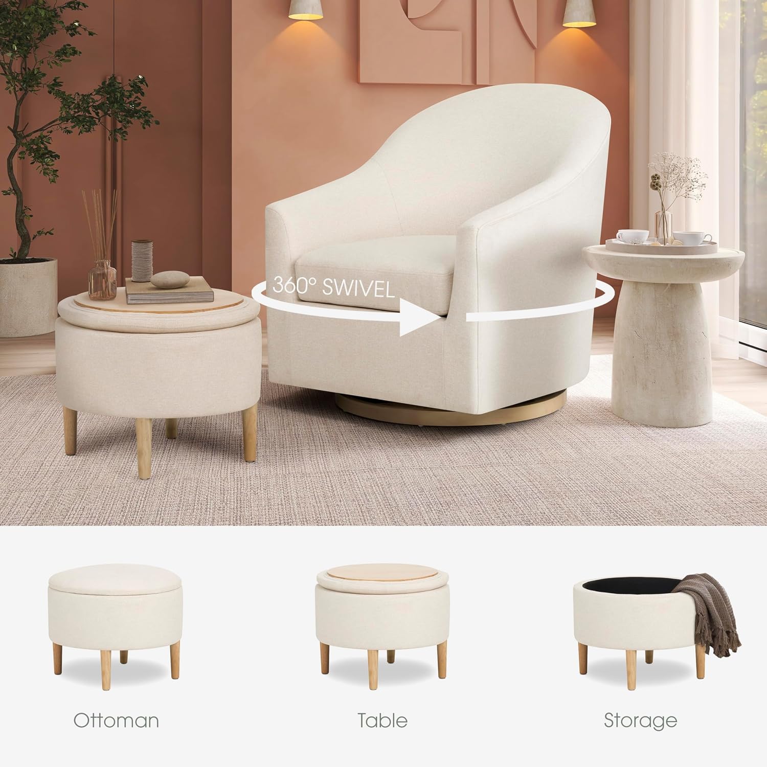 Evolur Luna Swivel Chair & Ottoman with 360-degree Swivel and Soft, Plush Fabric and Sleek Design, Sturdy Wooden Base