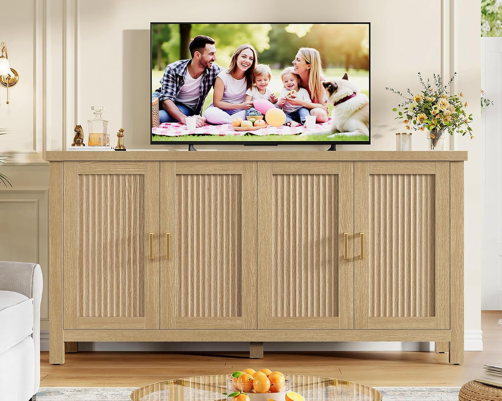 55" Buffet Cabinet with Storage, Large Sideboard Buffet Cabinet with 4 Adjustable Shelves, Modern Fluted Coffee Bar for Kitchen, Living Room, Natural