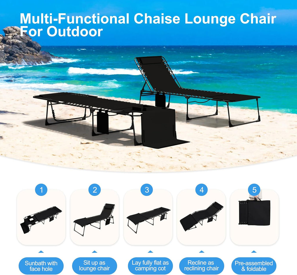 Outdoor Chaise Lounge Chair with Face Hole and Arm Hole, Tanning Chair with 5 Position Adjustable Back, Foldable Lounge Chair with Detachable Pocket and Pillow for Beach, Pool, Black