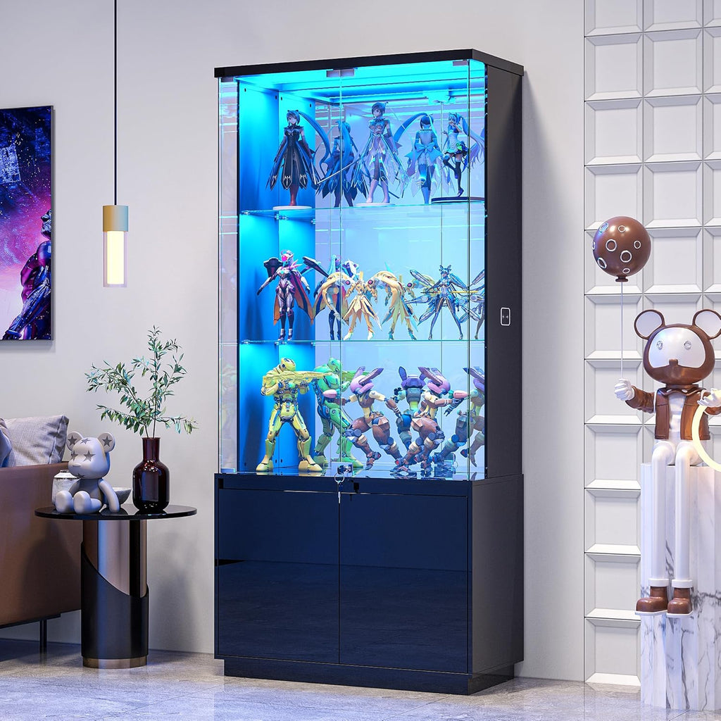 Gurexl 71" Tall Glass Display Cabinet - with LED Lights & Human Sensor, Locking Curio Cabinet with Adjustable Shelves, Modern Bookcase Display Case for Collectibles, Toys, Books, Living Room,Black