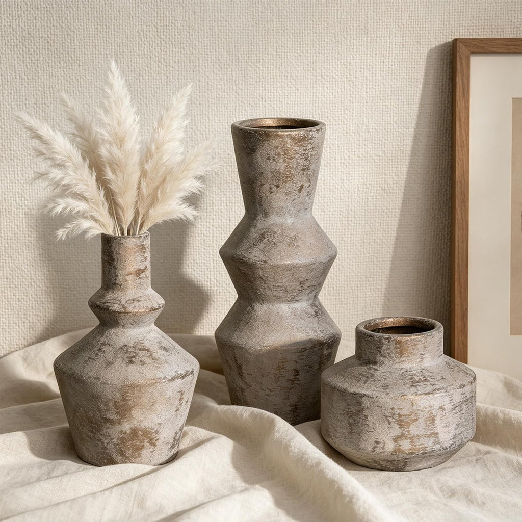 DREAMLOOM Ceramic Vase Set of 3, Modern Rustic Flower Vases for Pampas Grass, Dried & Fresh Flowers, Farmhouse Home Decor Vase for Living Room Bedroom Kitchen Shelf Centerpiece, Classic