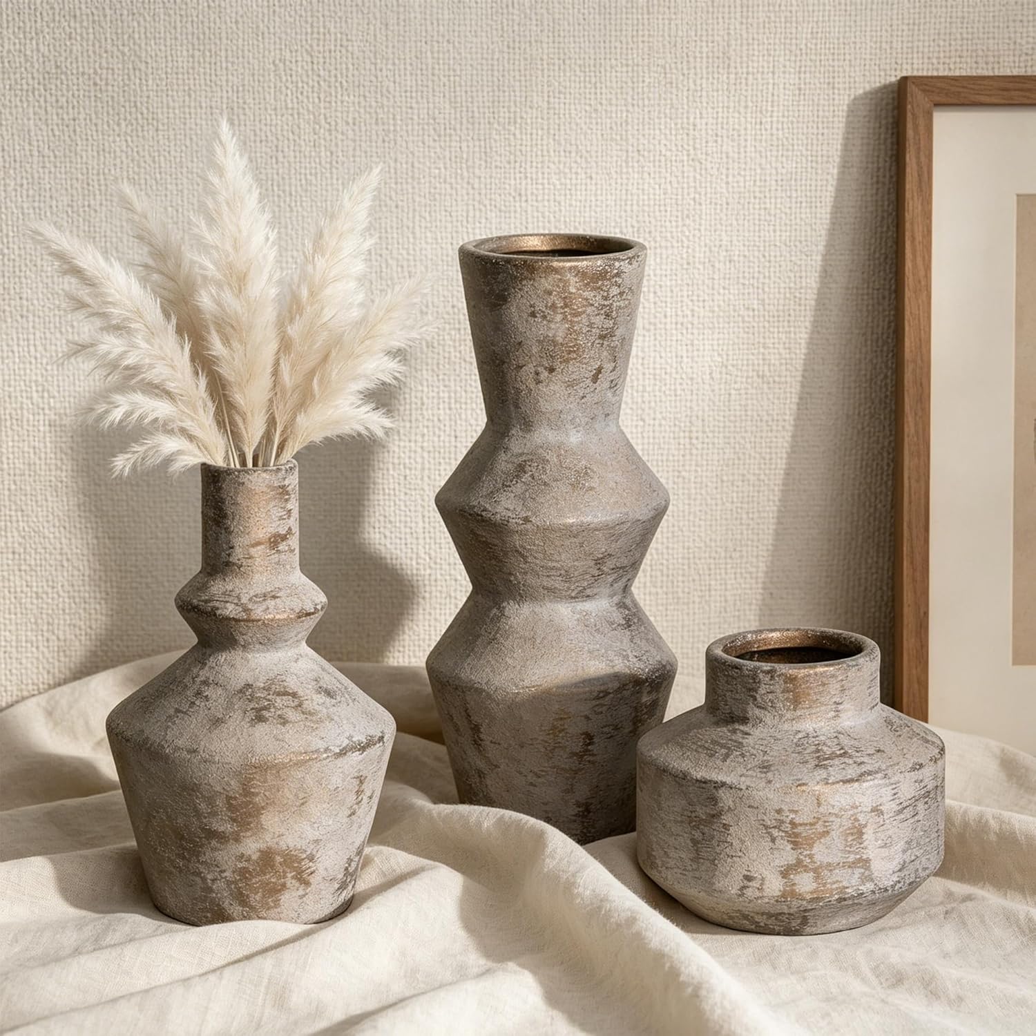 DREAMLOOM Ceramic Vase Set of 3, Modern Rustic Flower Vases for Pampas Grass, Dried & Fresh Flowers, Farmhouse Home Decor Vase for Living Room Bedroom Kitchen Shelf Centerpiece, Classic