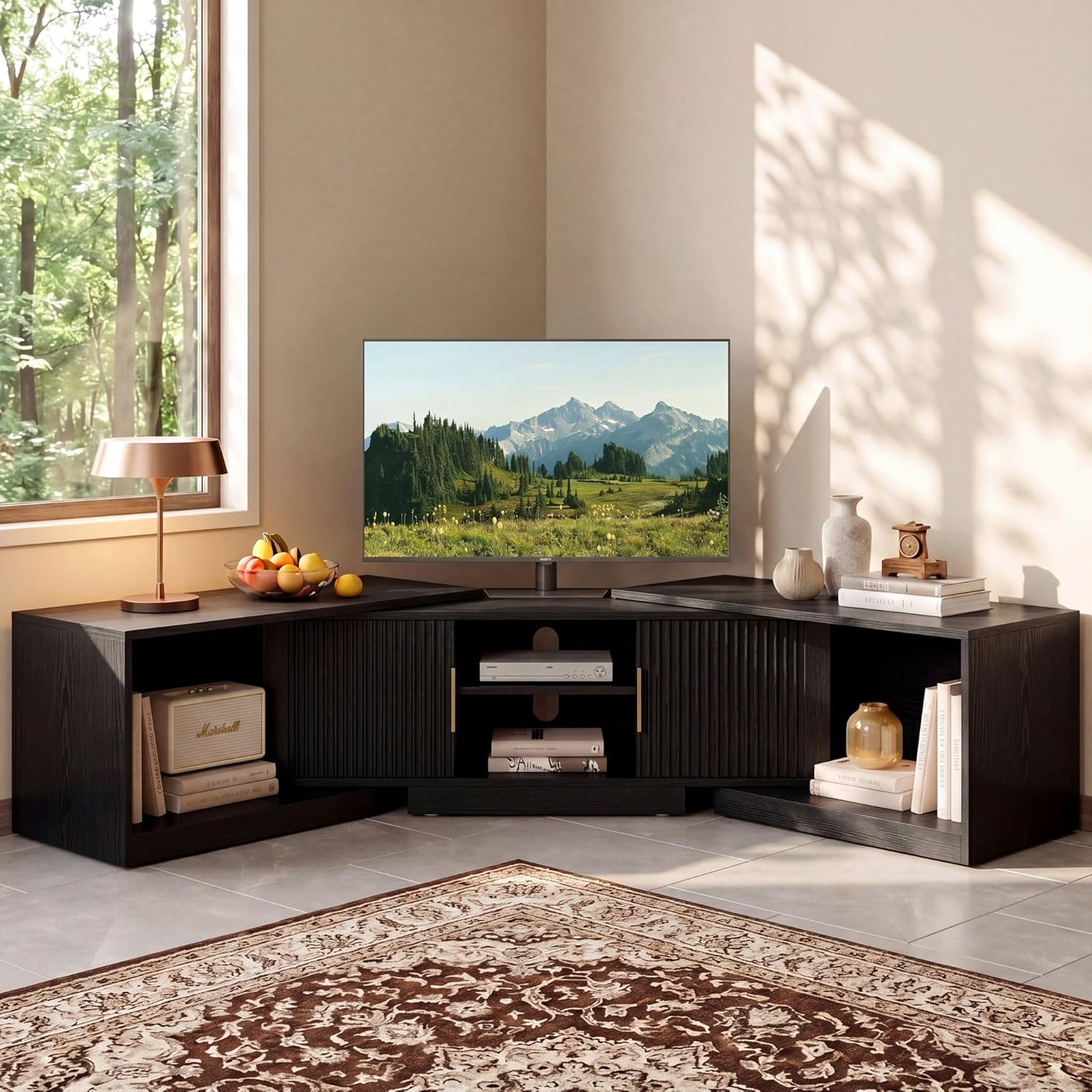 IRONCK TV Stand for 55-80 Inches TVs, 63"-84.6" Adjustable Length, Extendable Corner Entertainment Center with Storage Cabinets, Fluted Doors Modern Media Console, Ideal for Living Room, Black