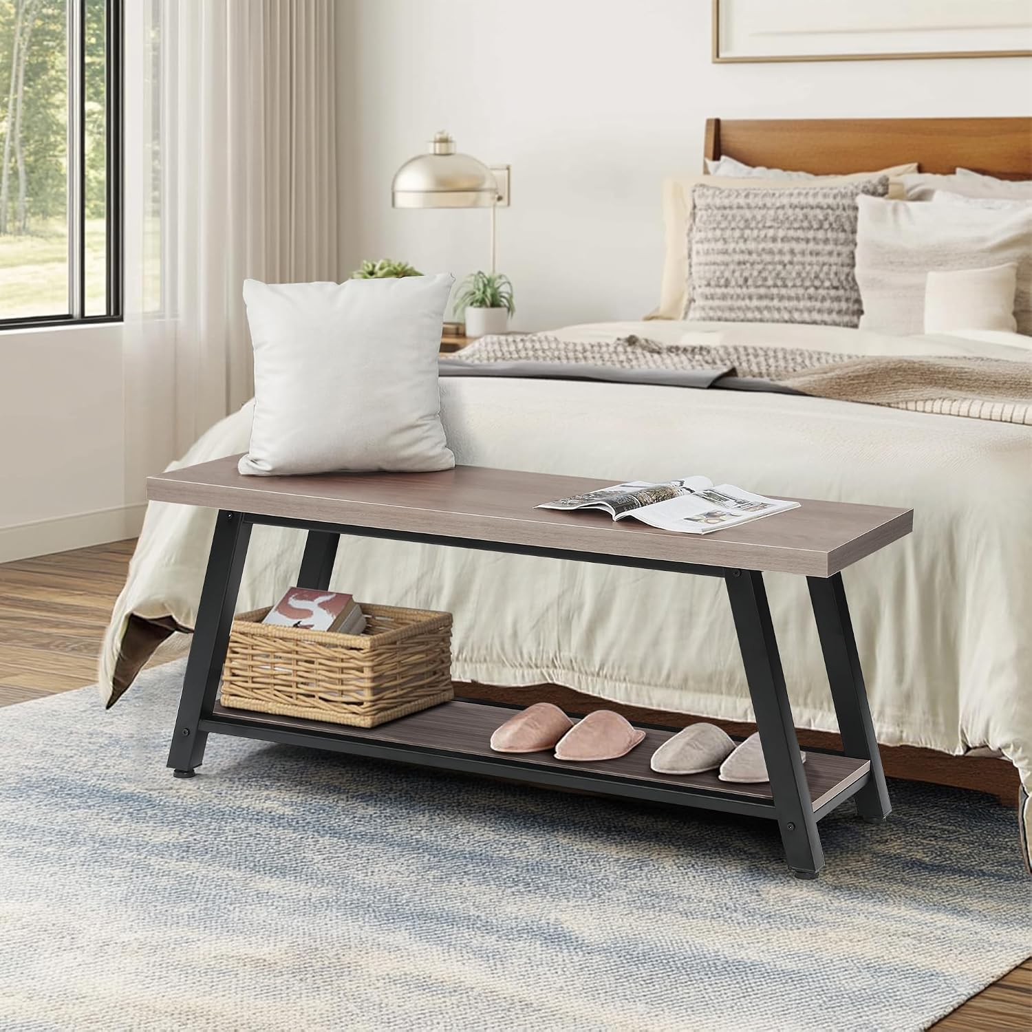 43" Wood Long Modern Farmhouse Entryway Bench, Wood Bedroom End of BedBench, Vintage Mid Century Rustic Style, Perfect for Mudroom, Storage, Living Room, Light Grey