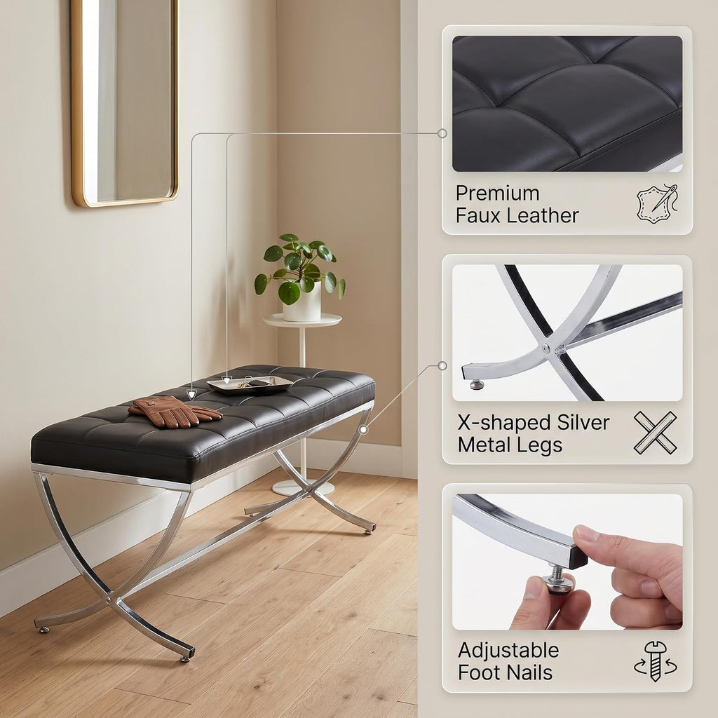 EALSON Modern Entryway Bench Leather Upholstered Dining Bench with Metal Base Button Tufted Ottoman Bench with Padded Seat Accent Foot Bench for Bedroom End of Bed/Living Room, Black