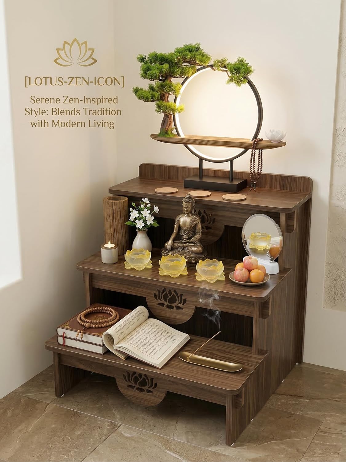 3-Tier Buddhist Altar Table for Prayer & Meditation, Zen Style Wooden Shrine Cabinet with Storage Drawer, MDF Melamine Home Worship Table 23.2 x 24.4 x 26.8 in (59 x 62 x 68 cm) (Walnut)