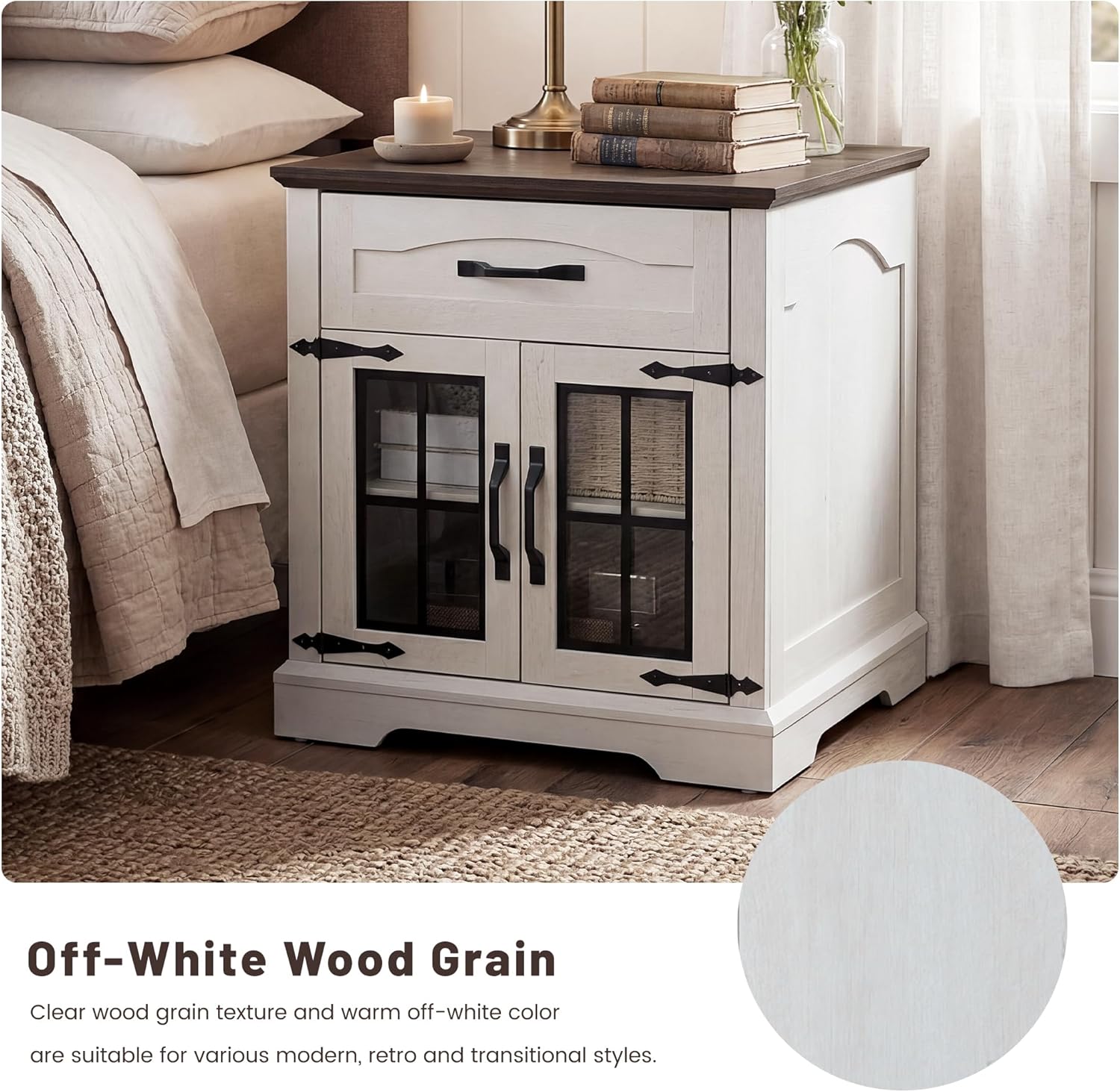 23.6" W Farmhouse End Table with Hidden Charging Station,Farmhouse Side Table with Drawer for Sofa Couch or Bedside, Rustic Nightstand with Storage for Living Room, Bedroom (Off White)