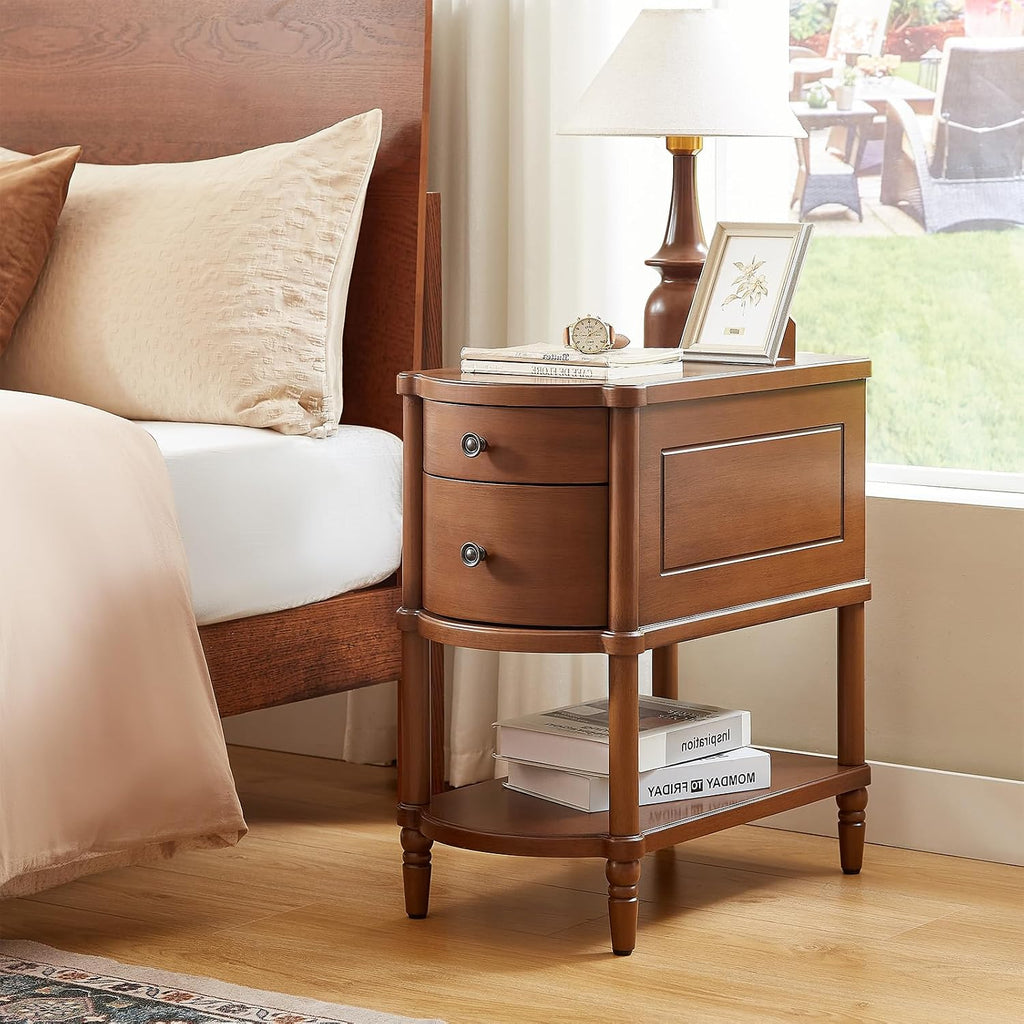 ONBRILL Narrow End Table with Charging Station, Pre-Assembled Nightstand with 2 Drawers & Shelf, Vintage Rustic Side Table with Storage, Wood Bedside Table for Bedroom Living Room, Walnut