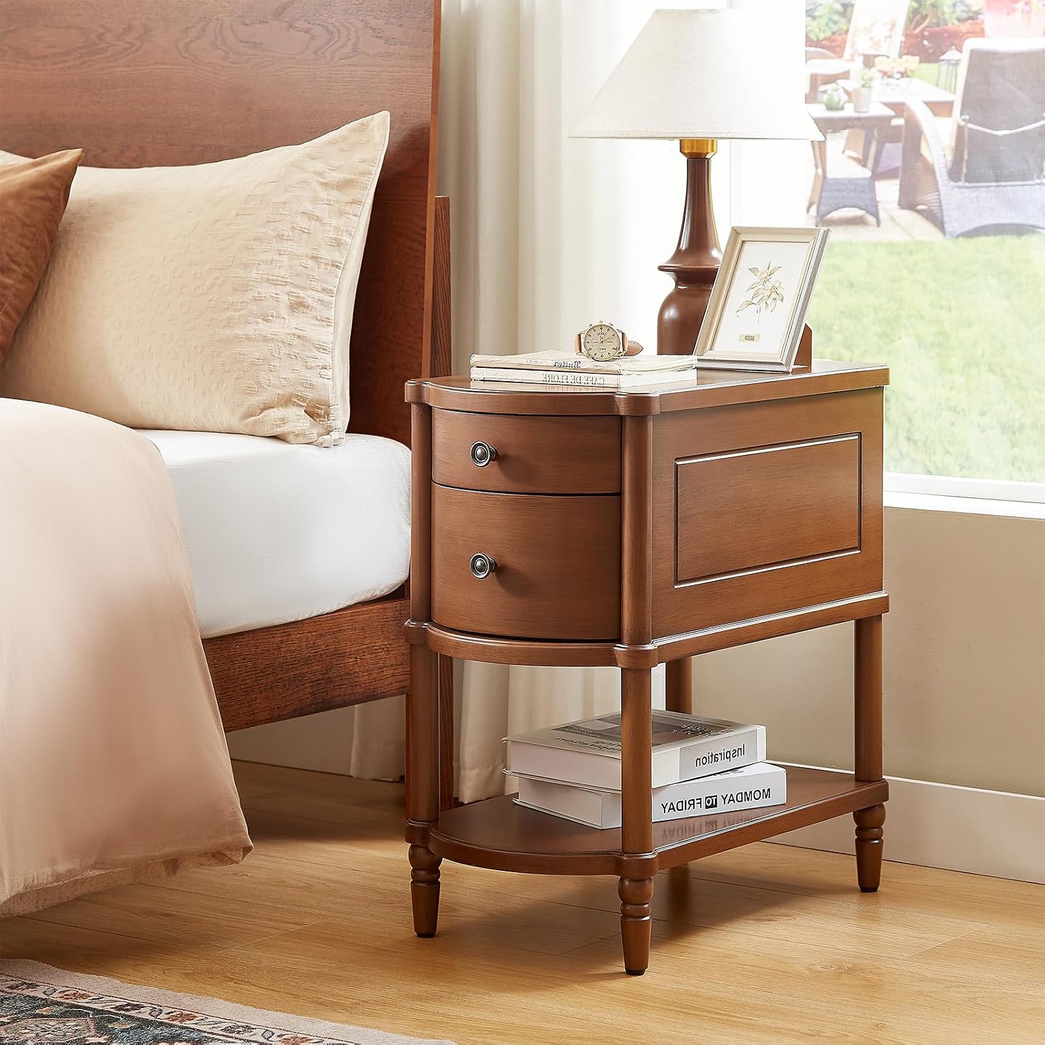 ONBRILL Narrow End Table with Charging Station, Pre-Assembled Nightstand with 2 Drawers & Shelf, Vintage Rustic Side Table with Storage, Wood Bedside Table for Bedroom Living Room, Walnut