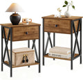 VECELO Night Stand Set of 2, End Tables with Drawer, 2-Tier Bedside Tables with X Shaped, Side Table Stand with Storage Shelf for Living Room/Bedroom,Rustic Brown