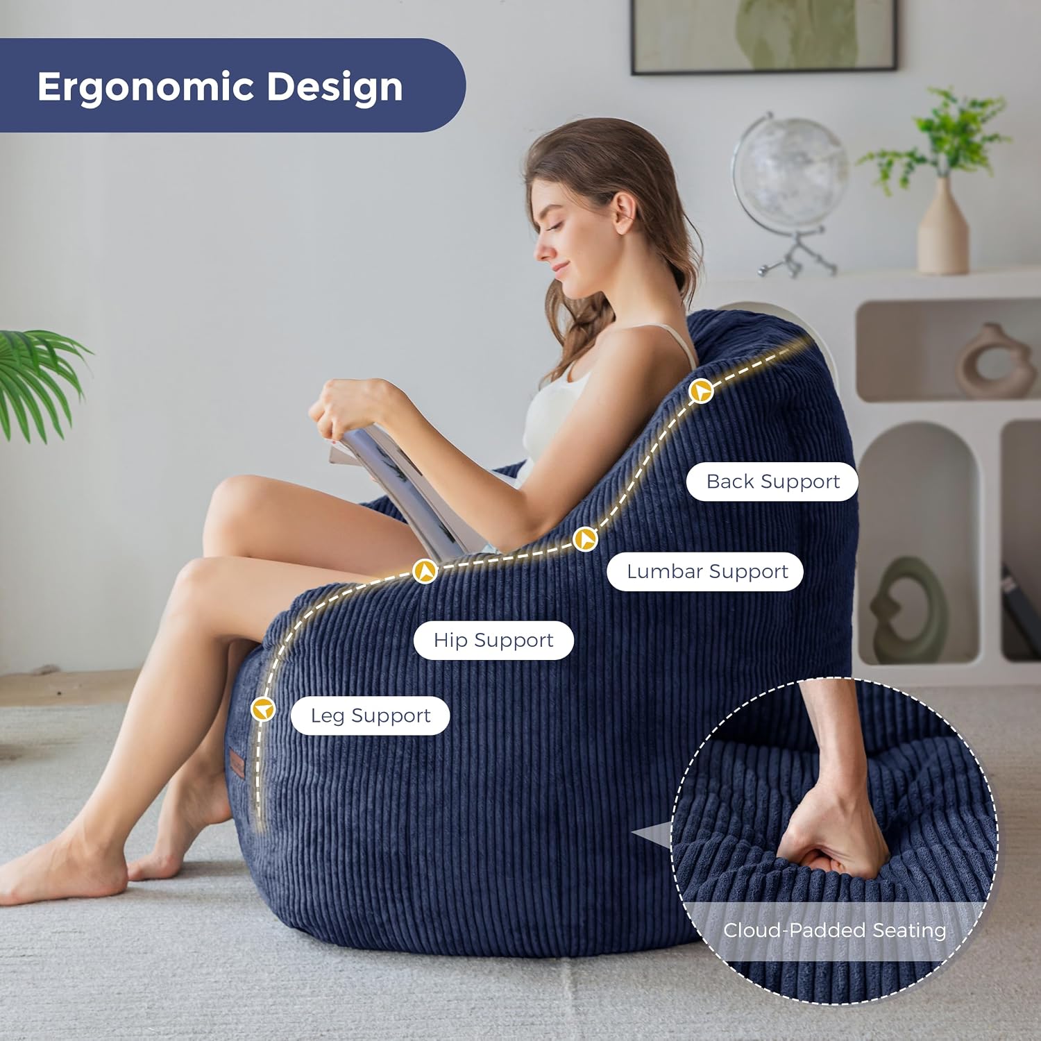 MAXYOYO Bean Bag Chair for Adults, Foam-Filled Floor Sofa for Reading | Bean Bag Chair for Adult with Filler, Cozy Living Room Chair for Bedroom Dorm, Navy