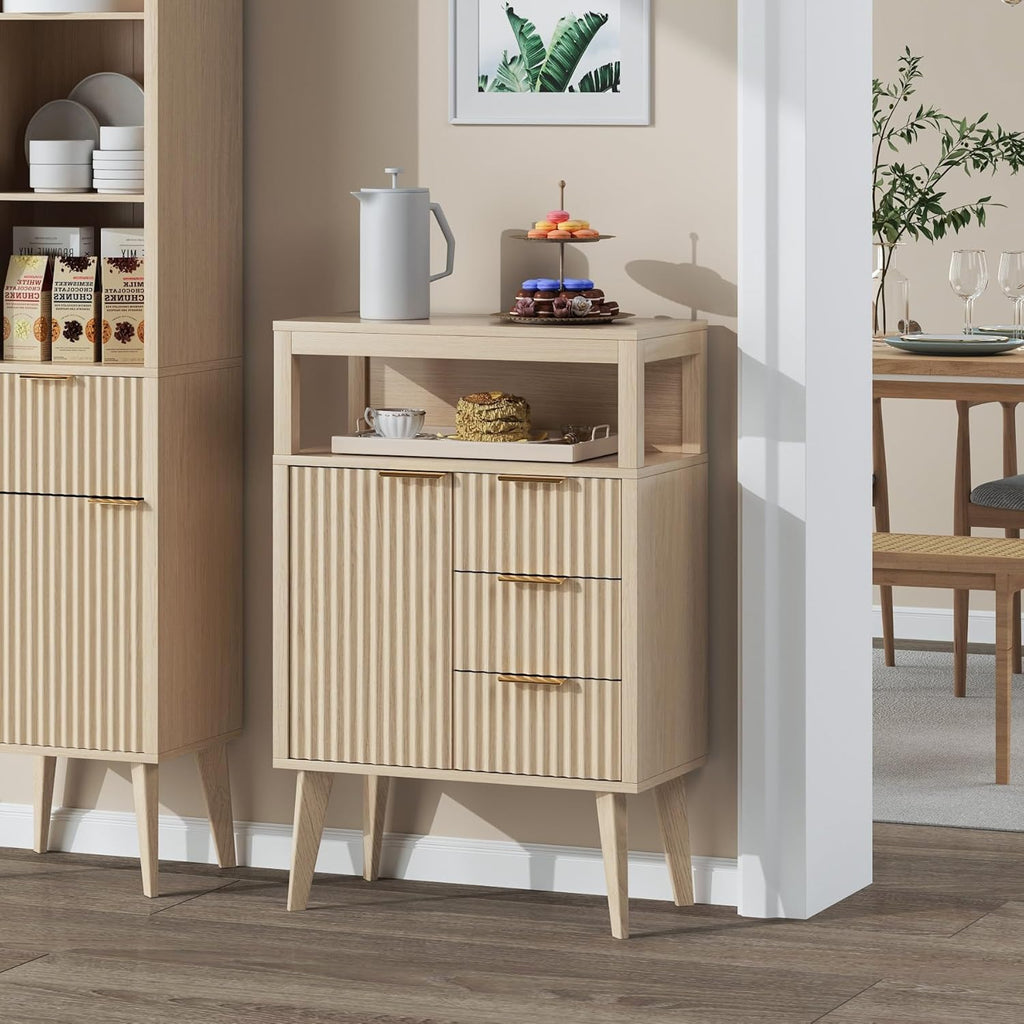 Natural Wood Bathroom Floor Cabinet with 3 Fluted Drawers & Door, Modern Storage Sideboard with Open Shelf, Coffee Bar Station for Living Room, Entryway, 23.6 x 11.8 x 34.6 Inches