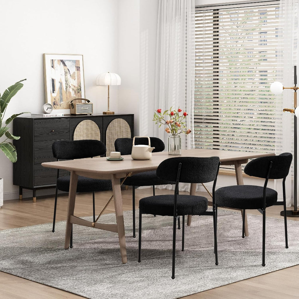 Modern Boucle Dining Chair Set of 4 with Round Lambswool Upholstered Cushion Backrest and Metal Legs for Dining Room Kitchen Restaurant Living Room(Black&Black Leg)