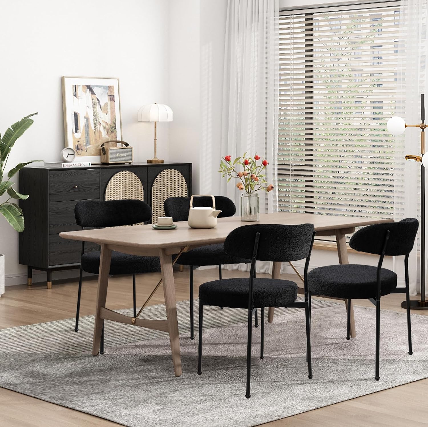 Modern Boucle Dining Chair Set of 4 with Round Lambswool Upholstered Cushion Backrest and Metal Legs for Dining Room Kitchen Restaurant Living Room(Black&Black Leg)