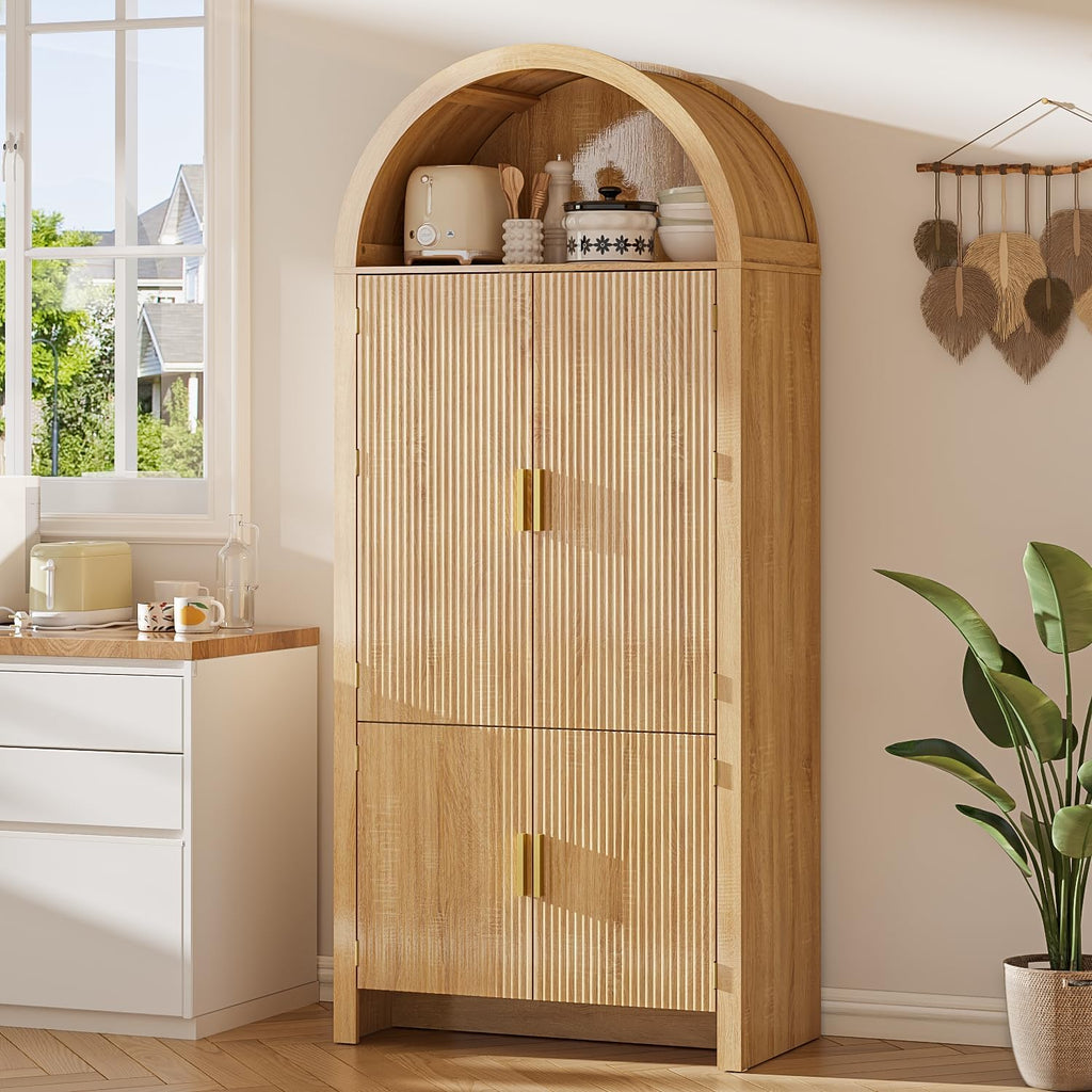 OFIKA 71" Arched Kitchen Pantry Cabinet, Fluted Wood Storage with 3 Adjustable Shelves & 6 Door Shelves, Modern Organizer for Kitchen, Bathroom, Natural Wood Finish (Wood)