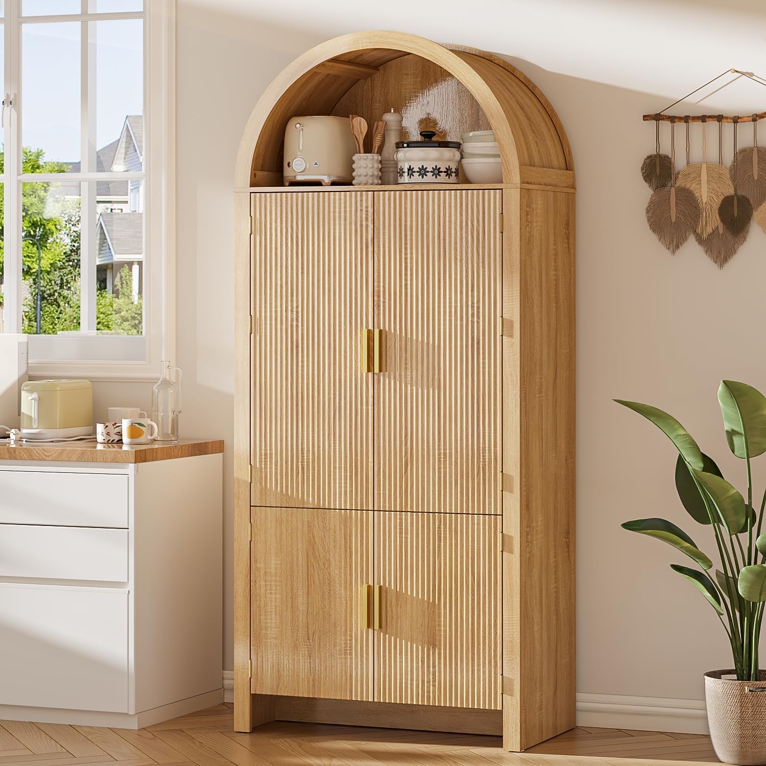 OFIKA 71" Arched Kitchen Pantry Cabinet, Fluted Wood Storage with 3 Adjustable Shelves & 6 Door Shelves, Modern Organizer for Kitchen, Bathroom, Natural Wood Finish (Wood)